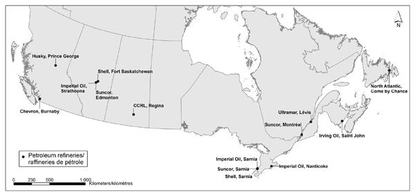 Figure - Locations of Canadian gasoline-producing refineries
