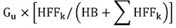 Gu est multiplié par le quotient dont le numérateur est HFFk et le dénominateur est HB additionné à la somme des produits de HFFk pour chaque combustible gazeux, liquide et solide « k »