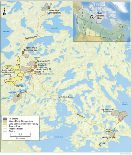 Location of the Ekati Mine relative to Canada and the Northwest Territories. - Description below